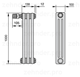Схема (чертеж) Радиатор Zehnder Charleston 3100/3 №V011 Белый глянцевый RAL 9016